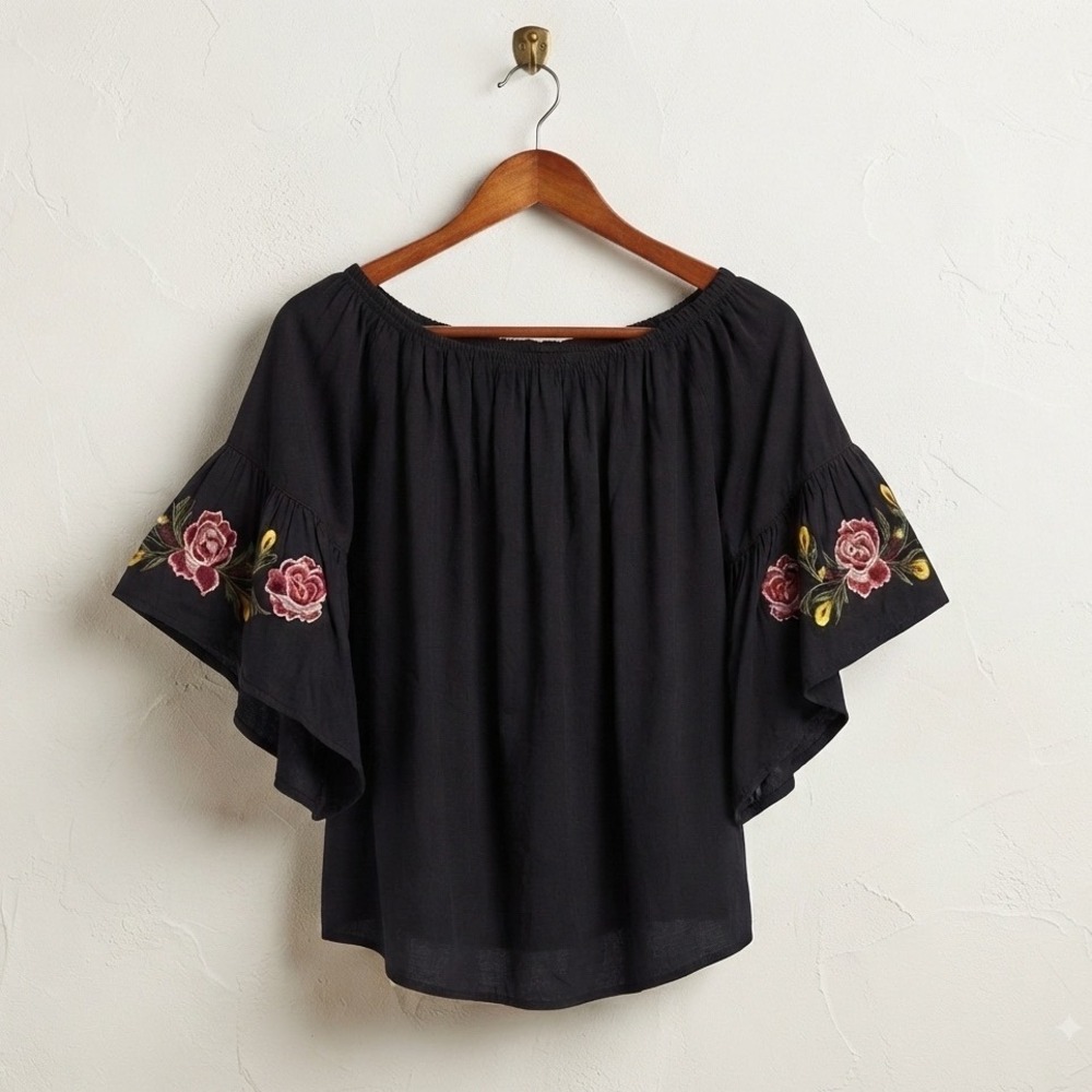 Feathers Black Floral Embroidered‎ Off Shoulder Bell Sleeve Blouse XL Boho Top